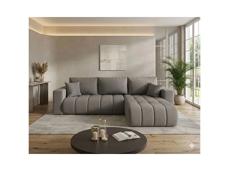 Canapé d’angle velours chenille convertible avec coffre ORIA-Gris-angle droit