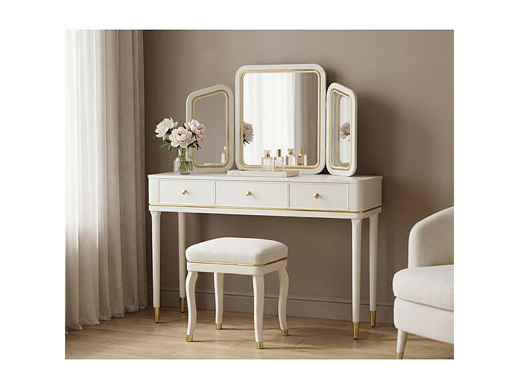 Coiffeuse Camille blanche avec miroir et tabouret design