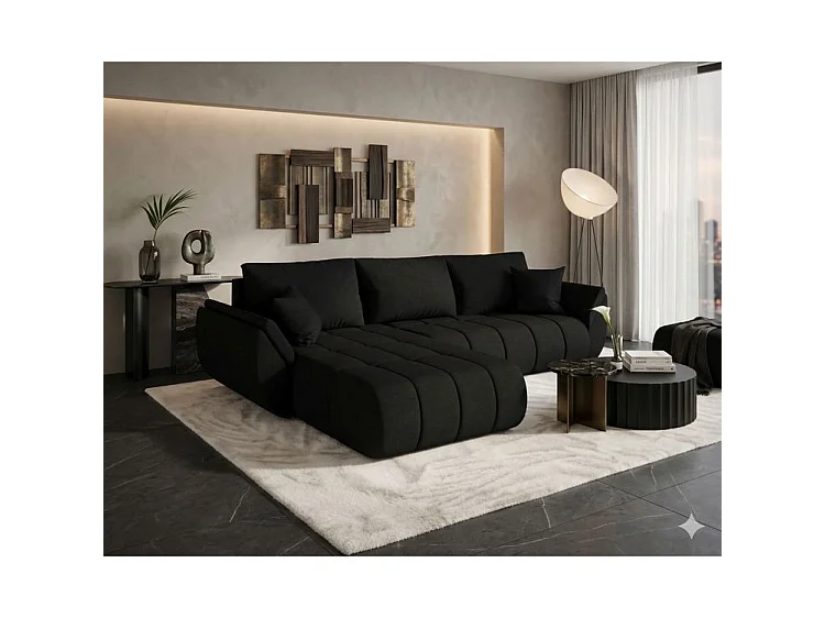 Canapé d’angle velours chenille convertible avec coffre ARCO-Noir-angle gauche