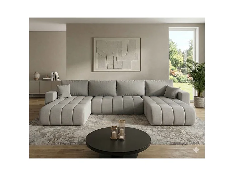Canapé d’angle velours chenille panoramique convertible design avec coffre SVEN-Beige foncé