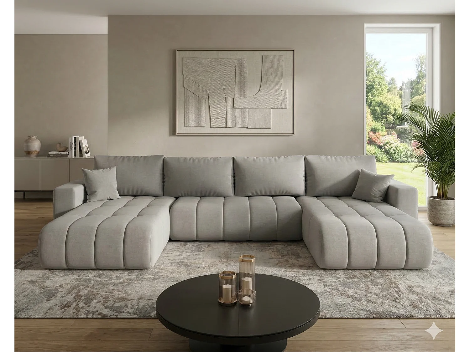 Canapé d’angle velours chenille panoramique convertible design avec coffre SVEN-Beige foncé