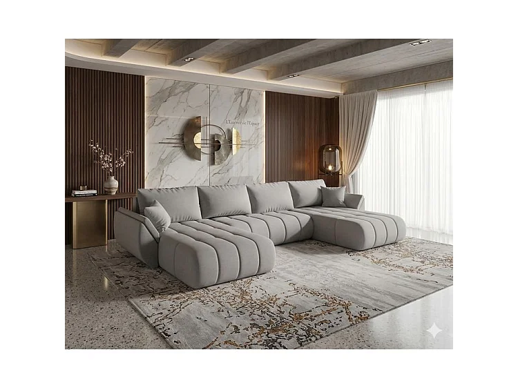 Canapé d’angle velours chenille panoramique convertible avec coffre LUMEN-Gris clair