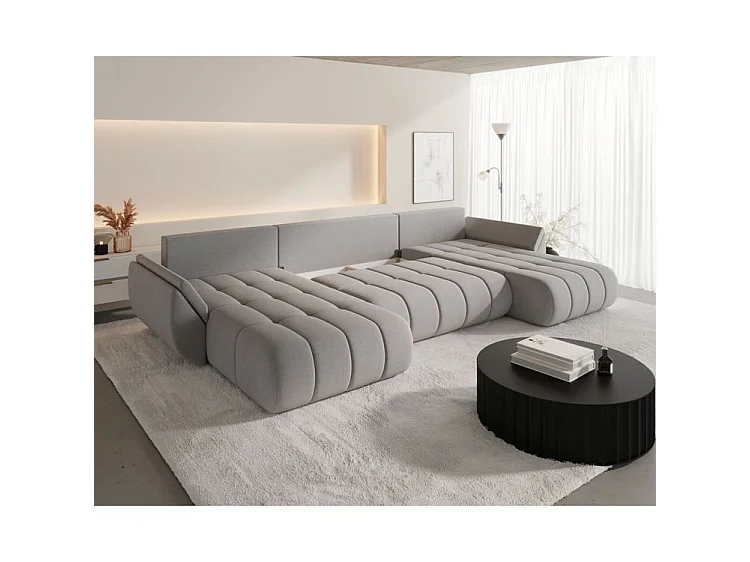 Canapé d’angle velours chenille panoramique convertible avec coffre LUMEN-Gris clair