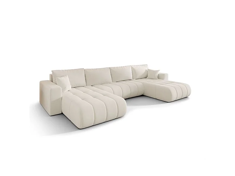 Canapé d’angle velours chenille panoramique convertible design avec coffre SVEN-Blanc cassé