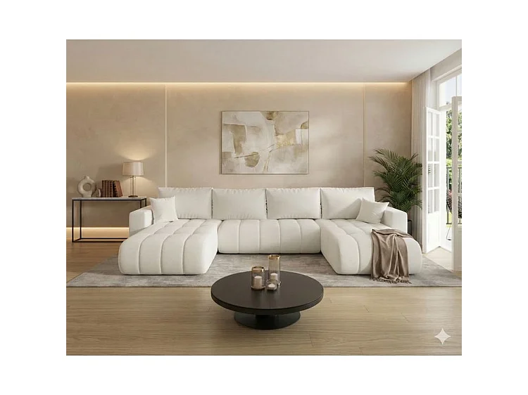Canapé d’angle velours chenille panoramique convertible design avec coffre SVEN-Blanc cassé