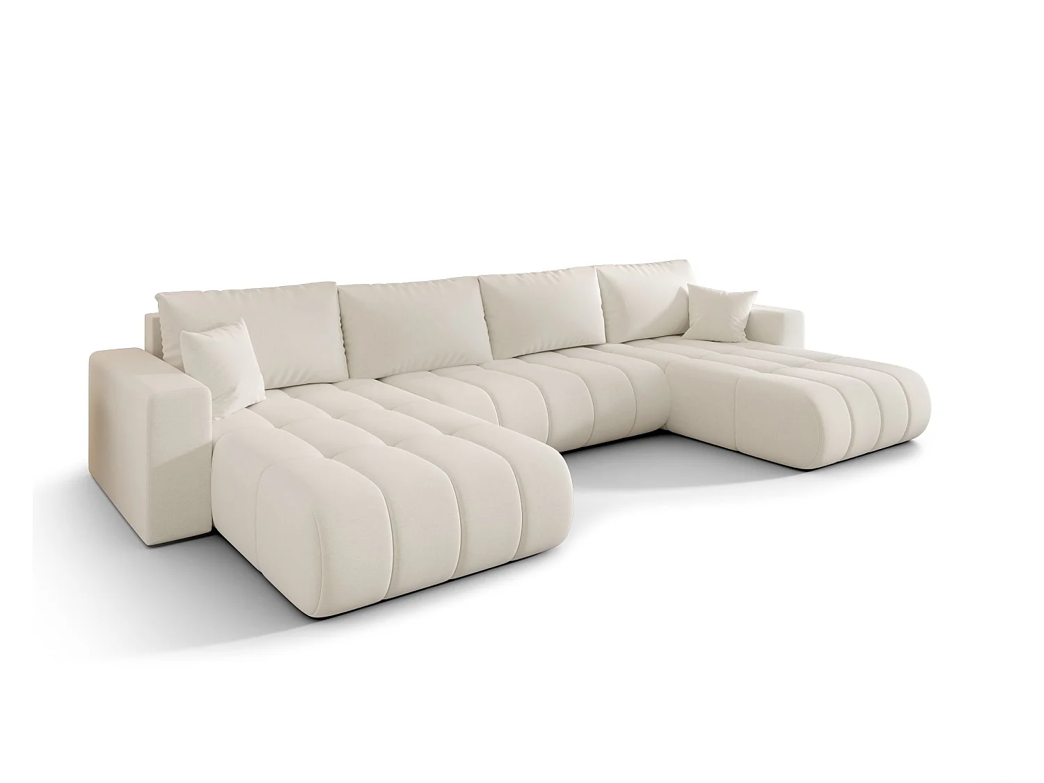 Canapé d’angle velours chenille panoramique convertible design avec coffre SVEN-Blanc cassé