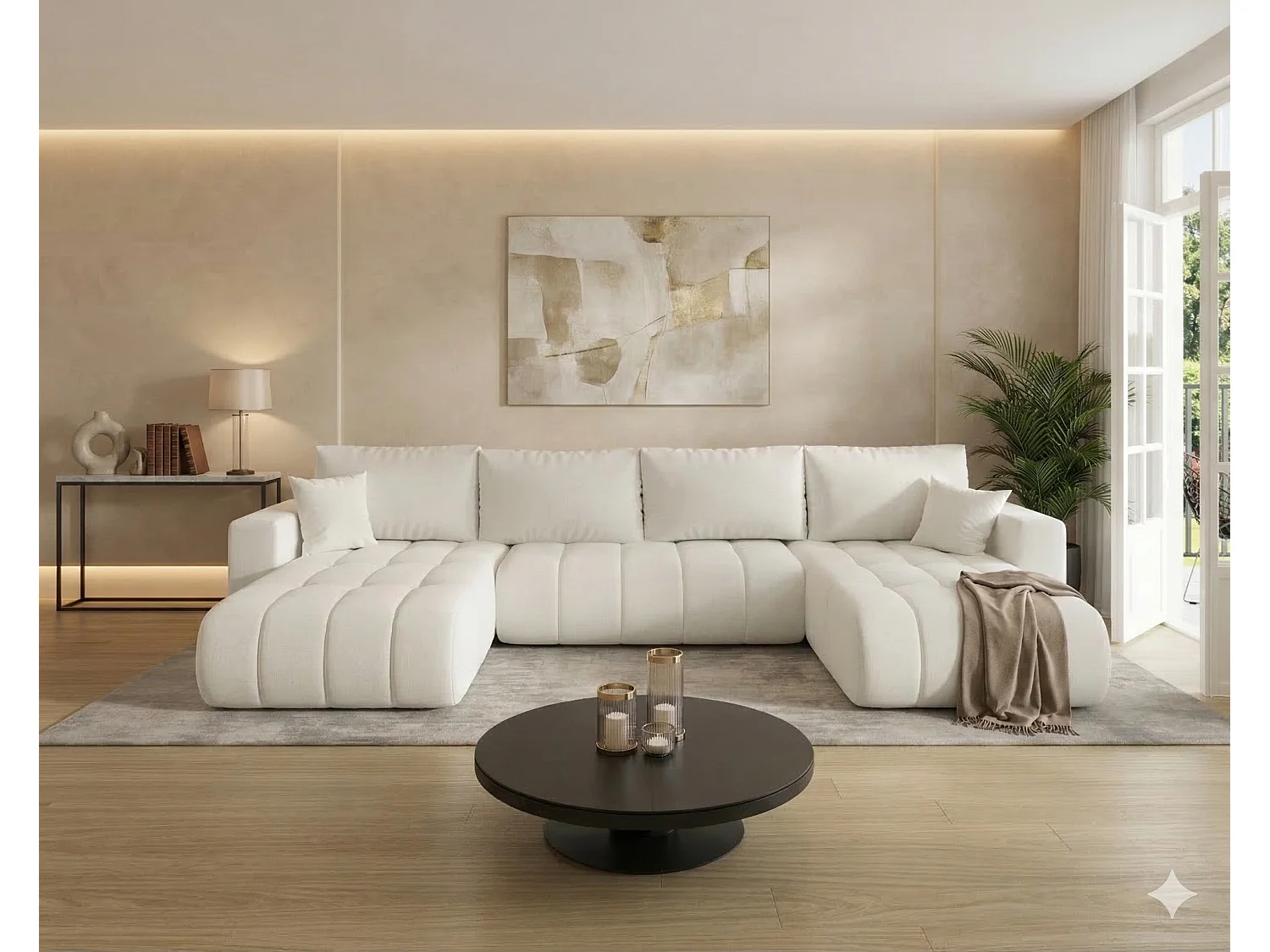 Canapé d’angle velours chenille panoramique convertible design avec coffre SVEN-Blanc cassé