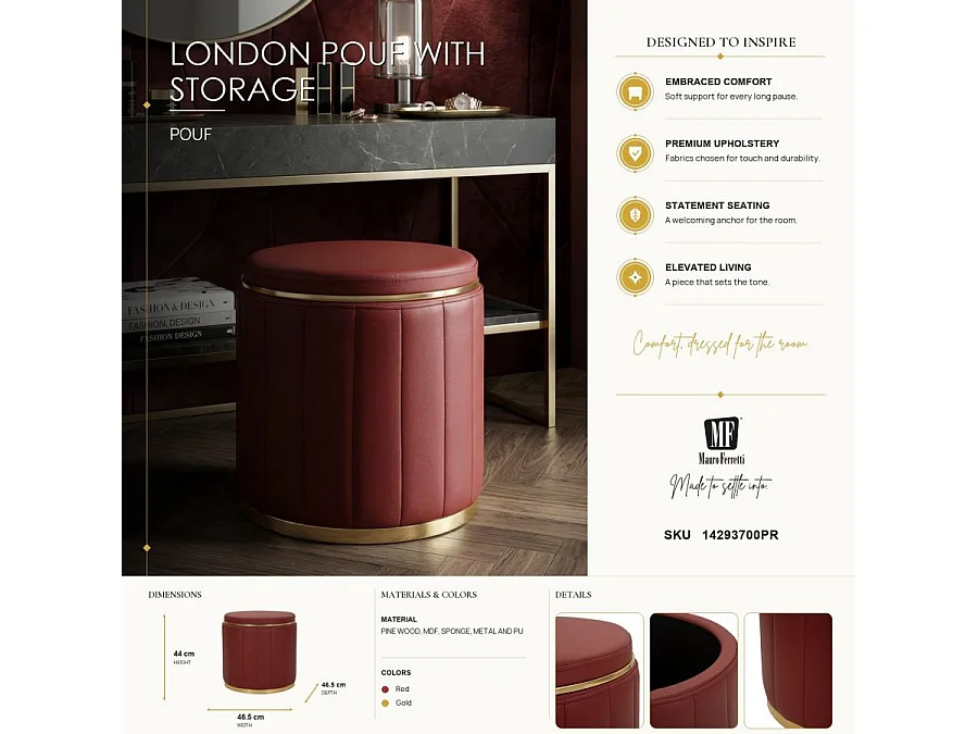 Pouf london avec rangement rouge cm ø 46,5 x 44