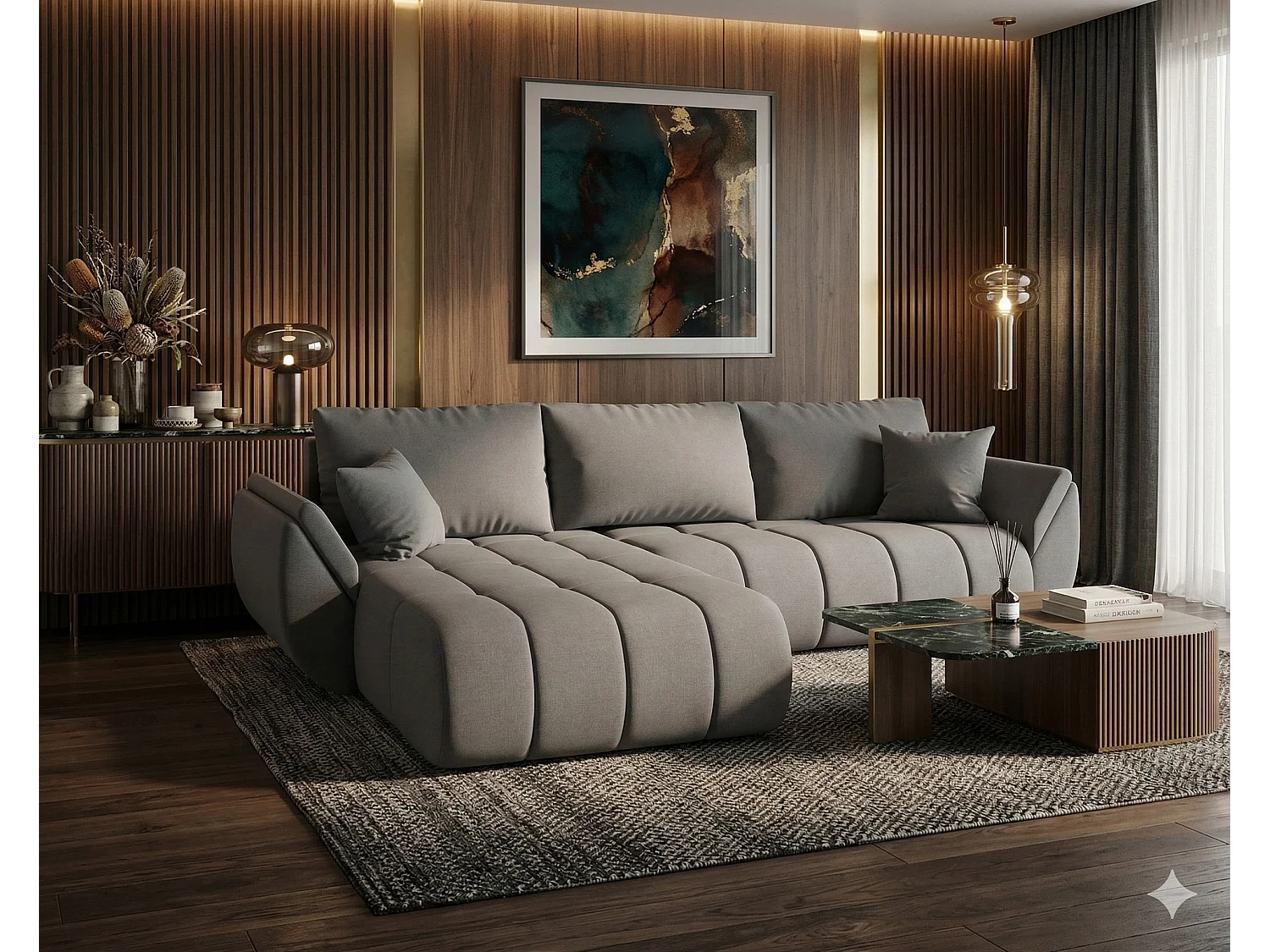 ARCO Chenille Velvet Convertible Hoekbank met Opbergruimte-Grijs-linkerhoek