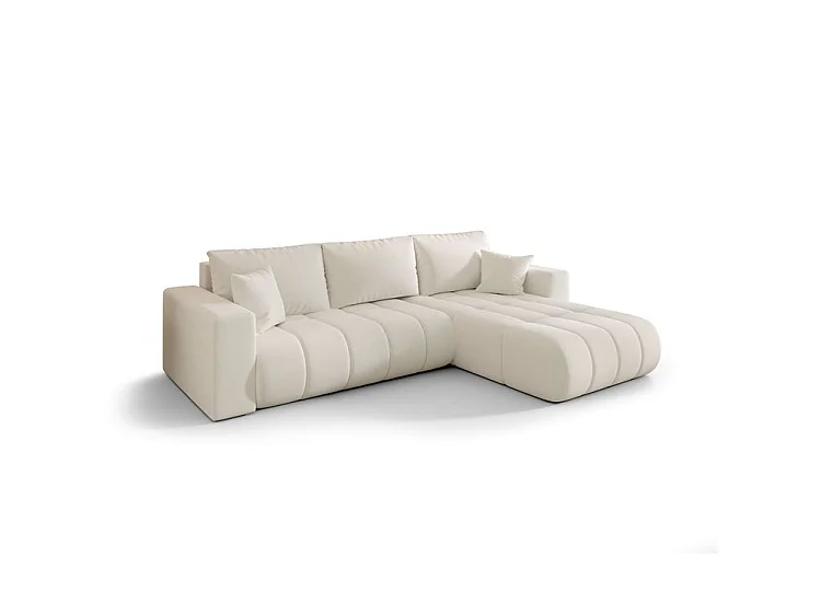 Canapé d’angle velours chenille convertible avec coffre ORIA-Blanc cassé-angle droit