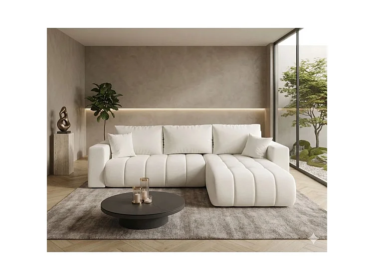Canapé d’angle velours chenille convertible avec coffre ORIA-Blanc cassé-angle droit