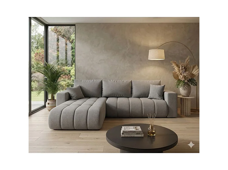 Canapé d’angle velours chenille convertible avec coffre ORIA-Marron foncé-angle gauche
