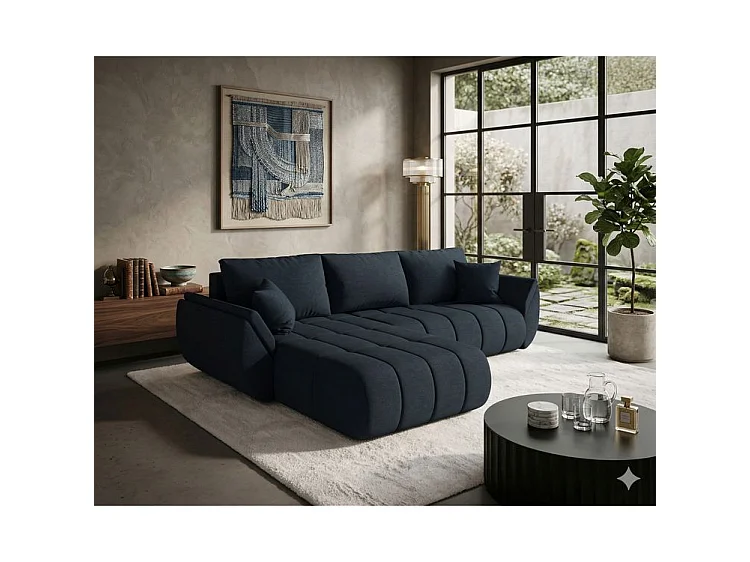 Canapé d’angle velours chenille convertible avec coffre ARCO-Bleu foncé-angle gauche
