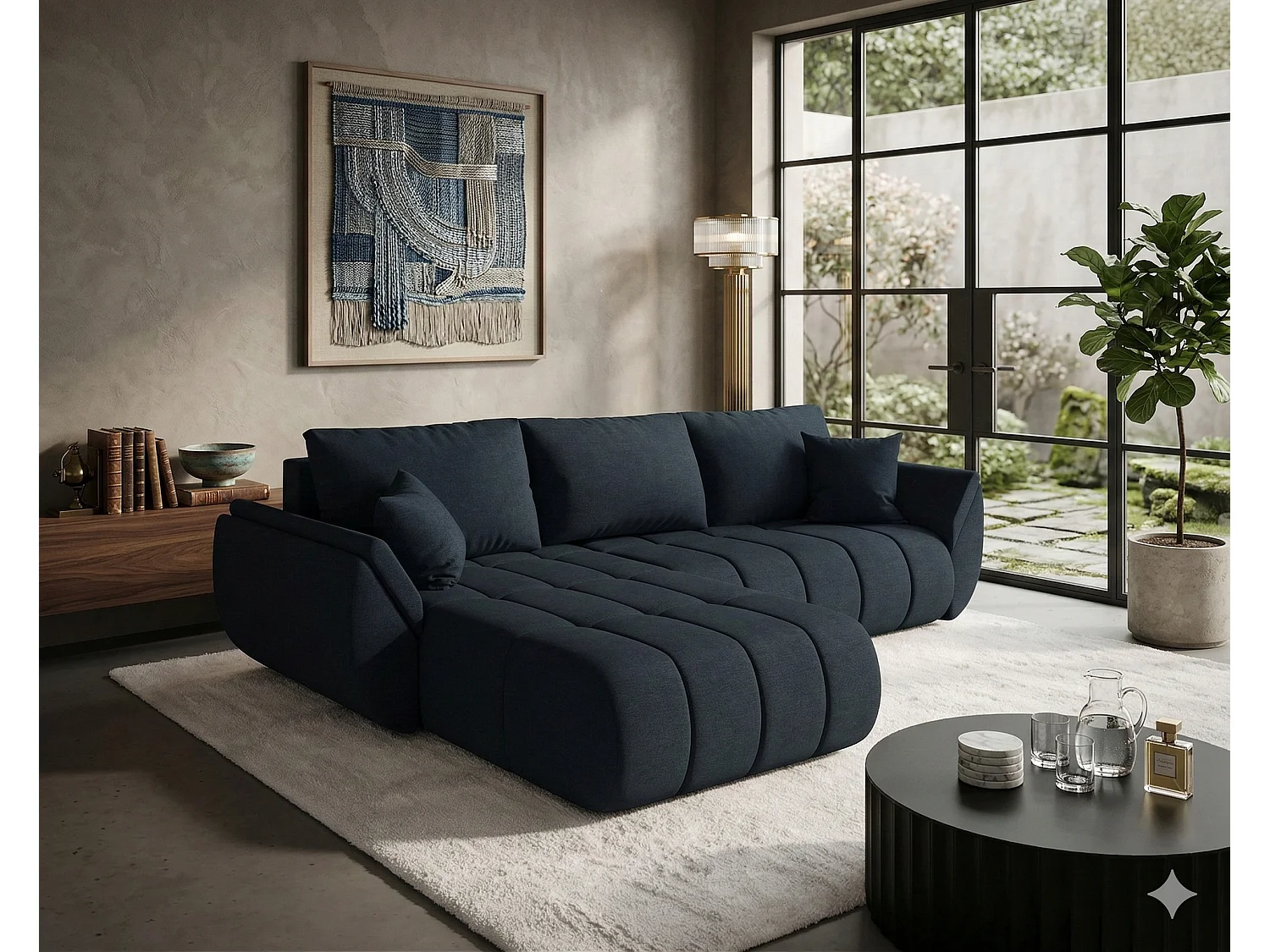 ARCO Chenille Velvet Convertible Hoekbank met Opbergruimte-Donkerblauw-linkerhoek