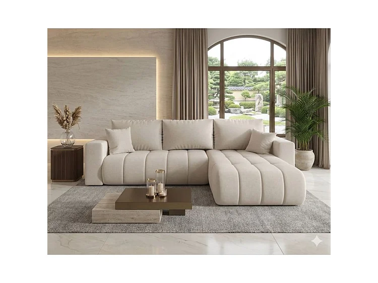 Canapé d’angle velours chenille convertible avec coffre ORIA-Beige clair-angle droit