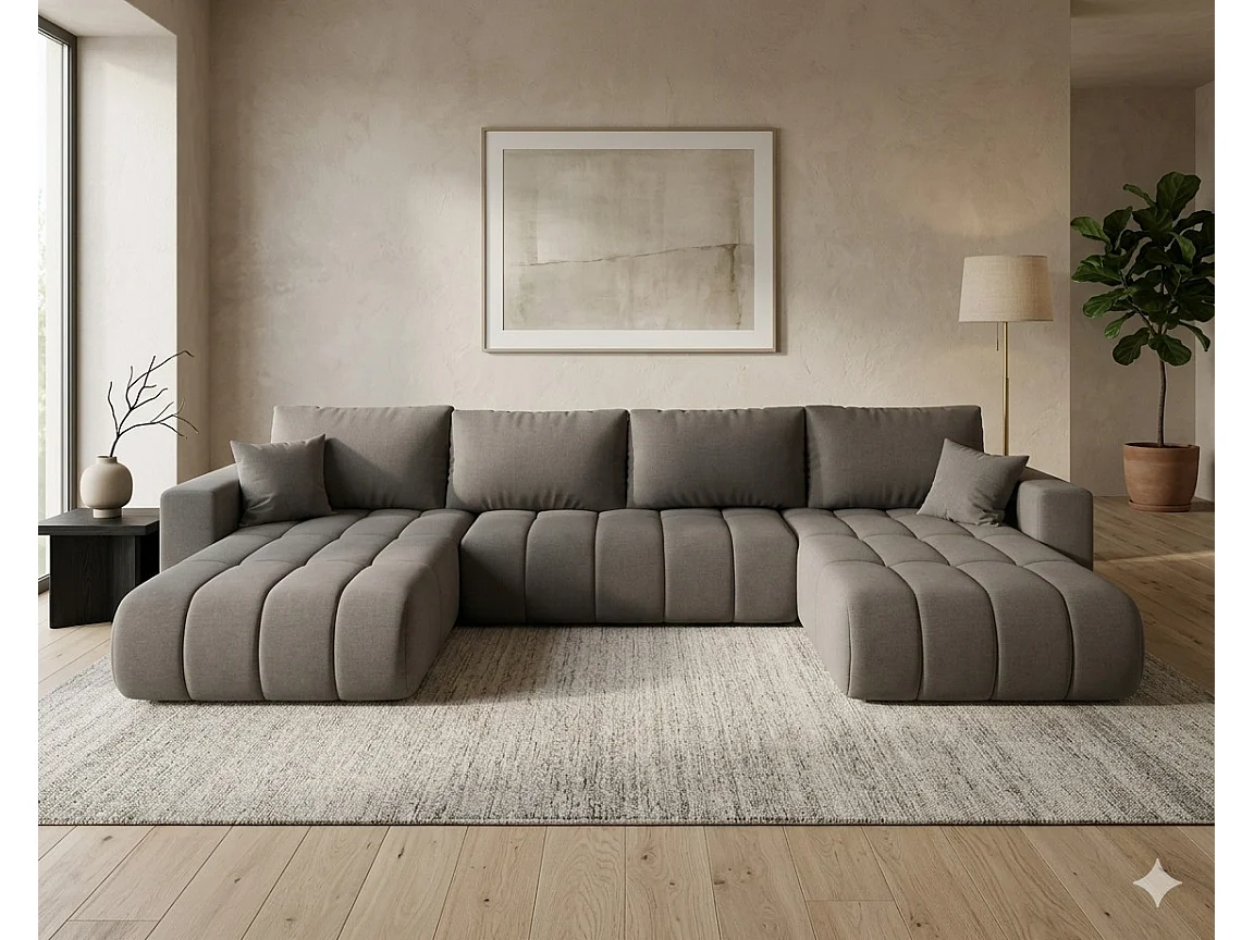 Canapé d’angle velours chenille panoramique convertible design avec coffre SVEN-Gris foncé