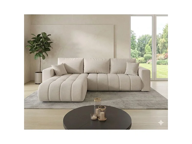 Canapé d’angle velours chenille convertible avec coffre ORIA-Beige clair-angle gauche