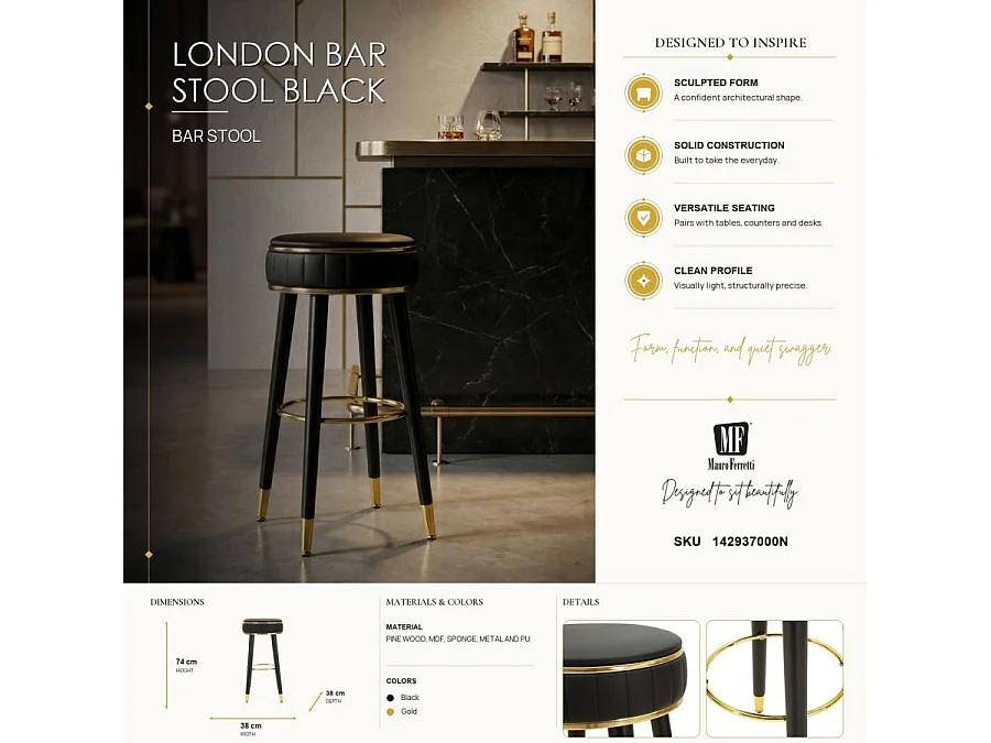Tabouret de bar London noir design élégant doré