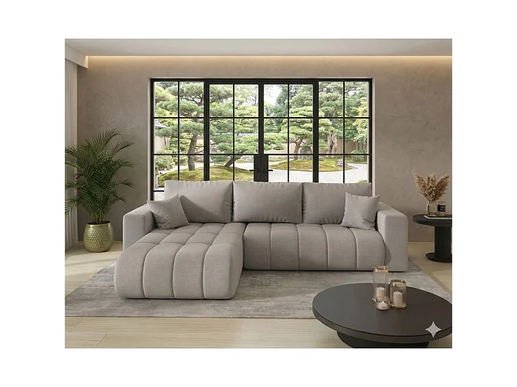 Canapé d’angle velours chenille convertible avec coffre ORIA-Beige-angle gauche