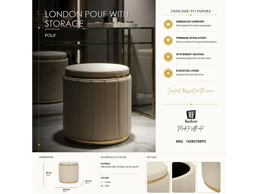 Pouf london avec boîte de rangement crème, ø 46,5x44