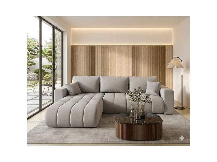 Canapé d’angle velours chenille convertible avec coffre ORIA-Gris clair-angle gauche