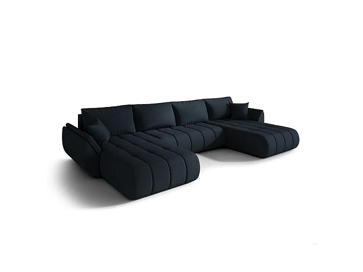 Canapé d’angle velours chenille panoramique convertible avec coffre LUMEN-Bleu foncé