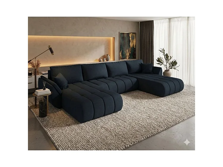 Canapé d’angle velours chenille panoramique convertible avec coffre LUMEN-Bleu foncé