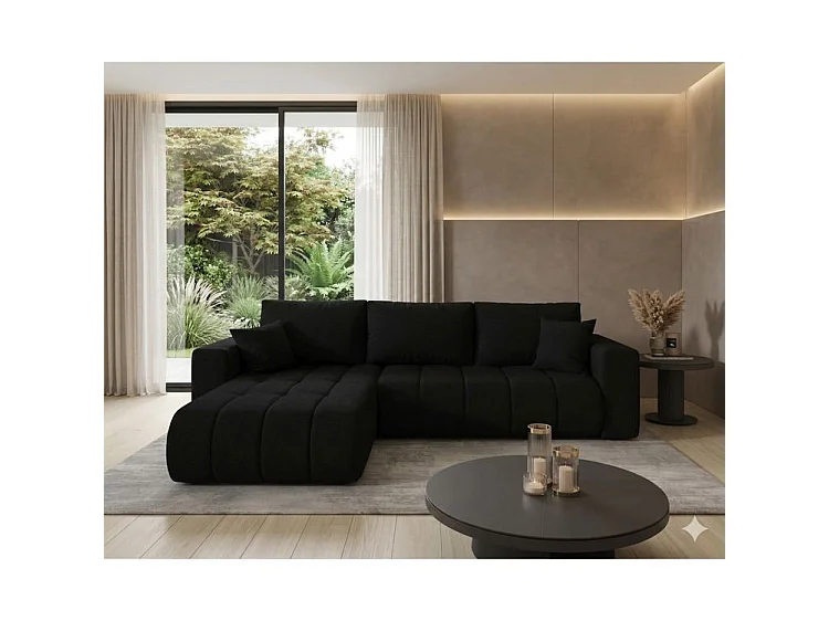 Canapé d’angle velours chenille convertible avec coffre ORIA-Noir-angle gauche