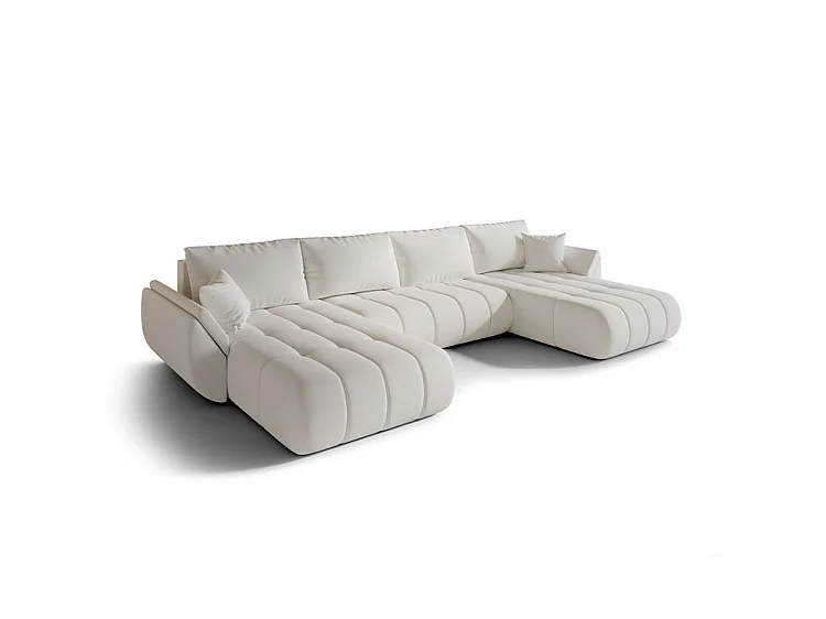 Canapé d’angle velours chenille panoramique convertible avec coffre LUMEN-Blanc cassé