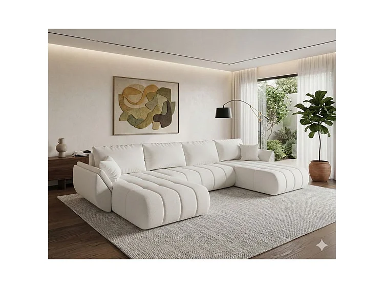 Canapé d’angle velours chenille panoramique convertible avec coffre LUMEN-Blanc cassé