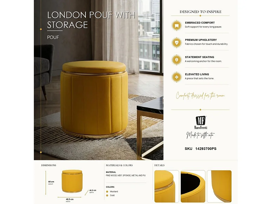 Pouf london avec rangement, couleur moutarde, ø 46,5x44