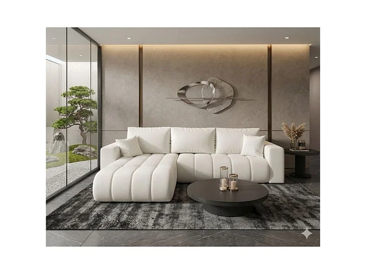 Canapé d’angle velours chenille convertible avec coffre ORIA-Blanc cassé-angle gauche