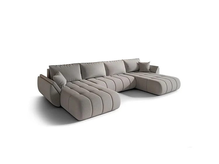 Canapé d’angle velours chenille panoramique convertible avec coffre LUMEN-Beige foncé