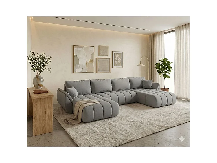 Canapé d’angle velours chenille panoramique convertible avec coffre LUMEN-Beige foncé