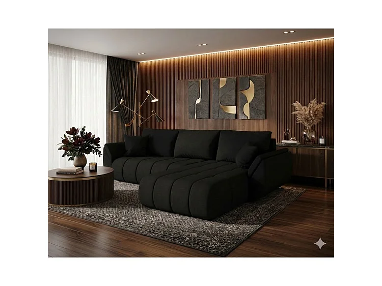 Canapé d’angle velours chenille convertible avec coffre ARCO-Noir-angle droit