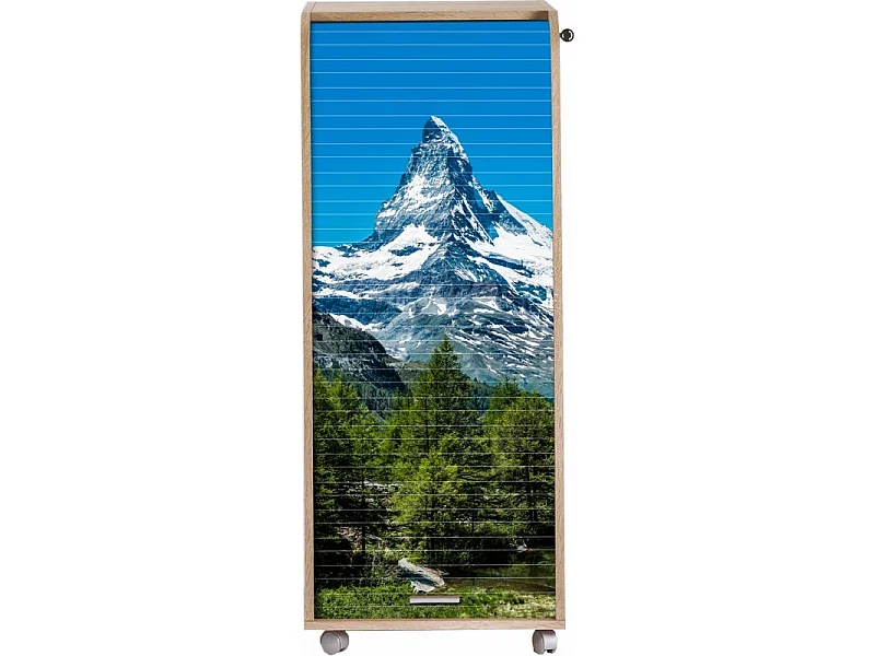 Caisson de bureau chêne clair à rideau ORGA 110cm – Meuble mobile avec tiroirs et rangement dossiers-Façade Impression Mont Cervin