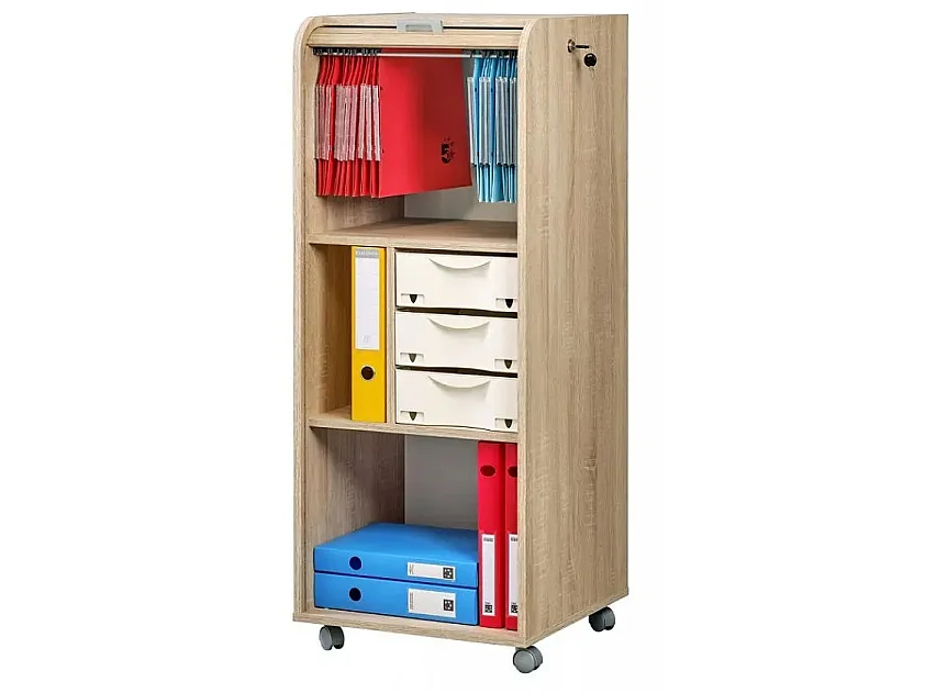 Caisson de bureau chêne clair à rideau ORGA 110cm – Meuble mobile avec tiroirs et rangement dossiers-Façade Impression Mont Cervin