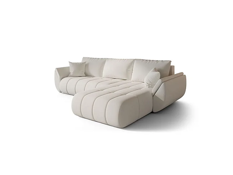 Canapé d’angle velours chenille convertible avec coffre ARCO-Blanc cassé-angle droit