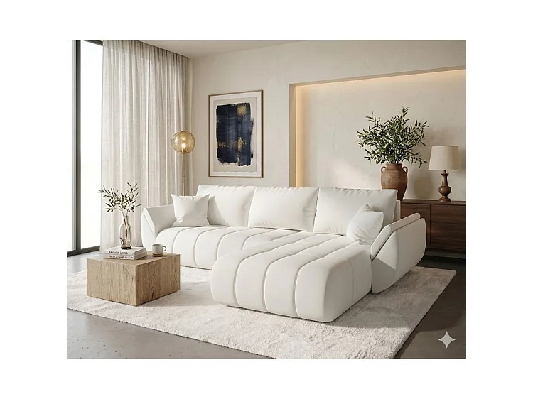 Canapé d’angle velours chenille convertible avec coffre ARCO-Blanc cassé-angle droit