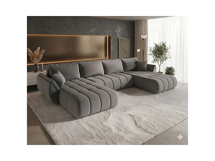 Canapé d’angle velours chenille panoramique convertible avec coffre LUMEN-Gris foncé