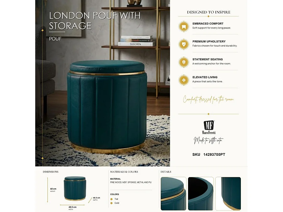 Pouf london avec queue de rangement, ø 46,5x44