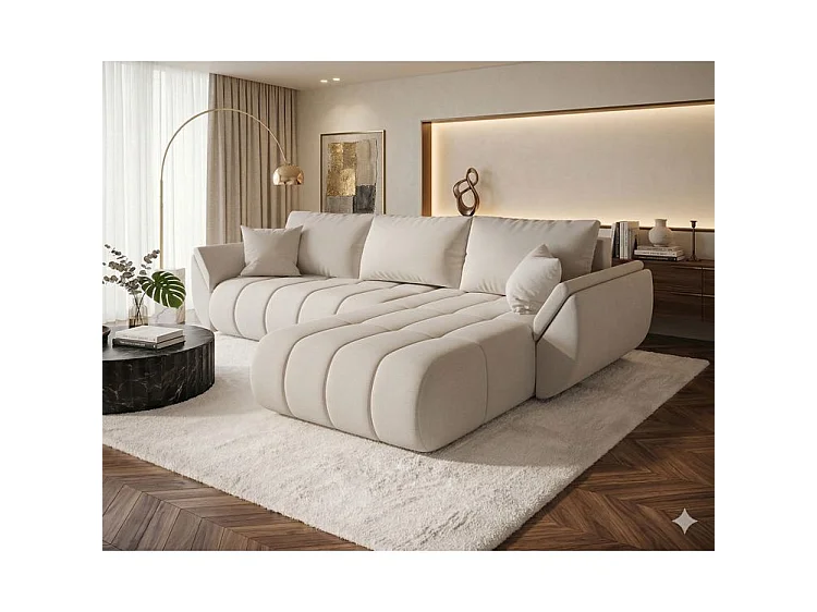 Canapé d’angle velours chenille convertible avec coffre ARCO-Beige clair-angle droit