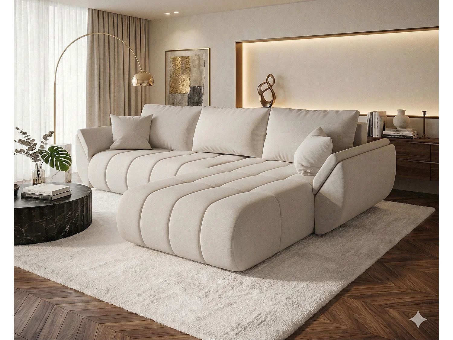 ARCO Chenille Velvet Convertible Hoekbank met Opbergruimte-Licht beige-juiste hoek