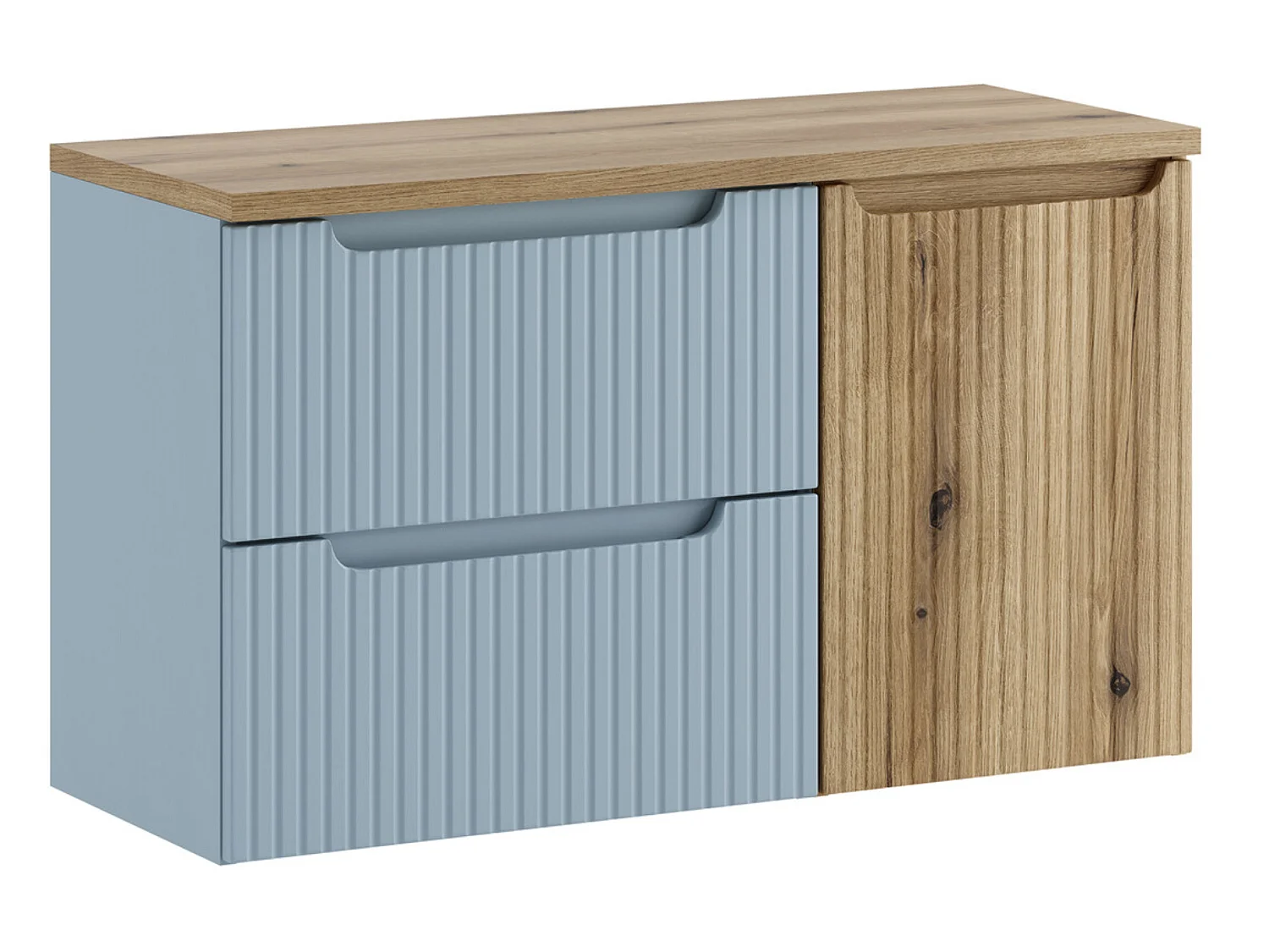 Ensemble suspendu NOVA 100cm avec panier à linge, meuble 2 tiroirs et plan de travail-Bleu/Naturel