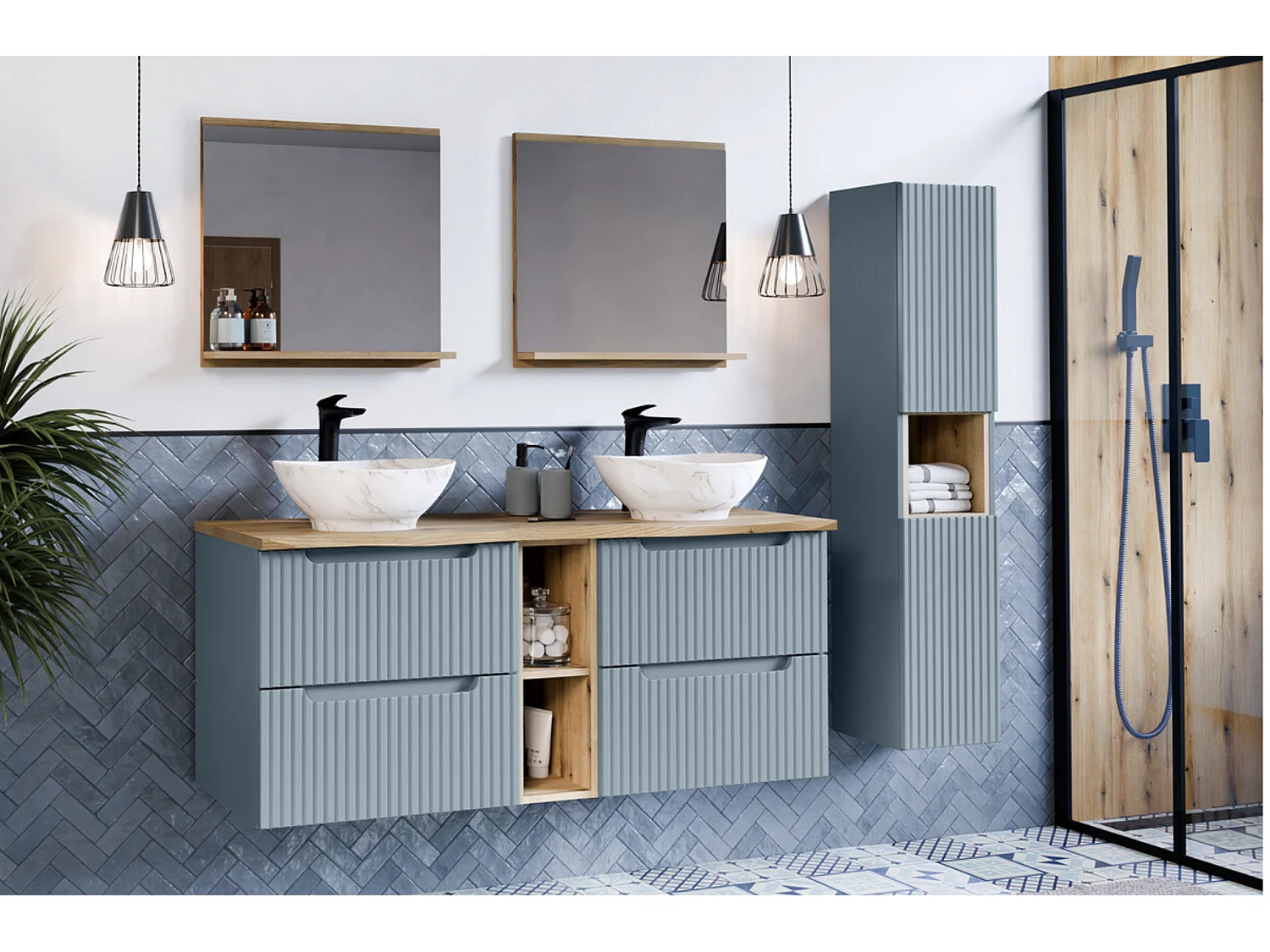Ensemble suspendu NOVA 100cm avec panier à linge, meuble 2 tiroirs et plan de travail-Bleu/Naturel