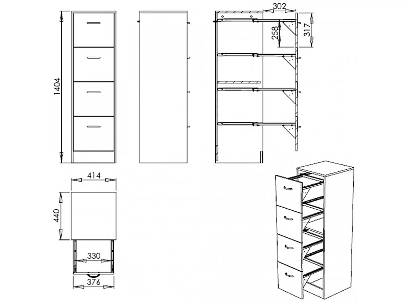 Classeur bureau 4 tiroirs OFFICE 140cm – Meuble vertical pour dossiers suspendus-Hêtre