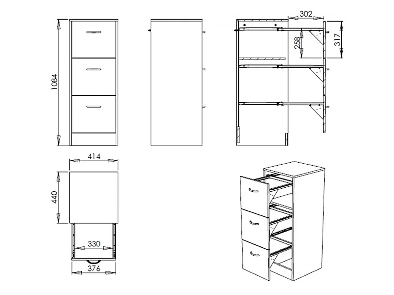 Classeur bureau 4 tiroirs OFFICE 140cm – Meuble vertical pour dossiers suspendus-Hêtre