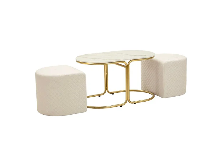 Moderner Couchtisch mit 2 bequemen Hockern aus Holz und goldfarbenem Metall, 79 x 45 x 44 cm – platzsparendes skandinavisches Design-Set