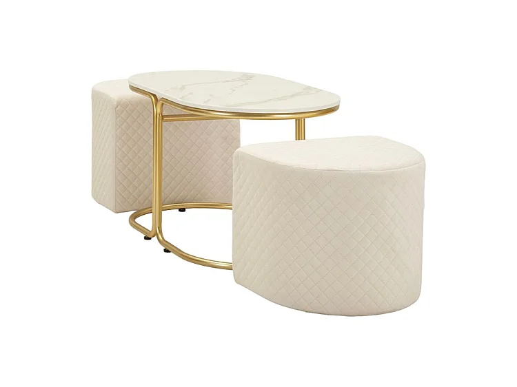 Moderner Couchtisch mit 2 bequemen Hockern aus Holz und goldfarbenem Metall, 79 x 45 x 44 cm – platzsparendes skandinavisches Design-Set