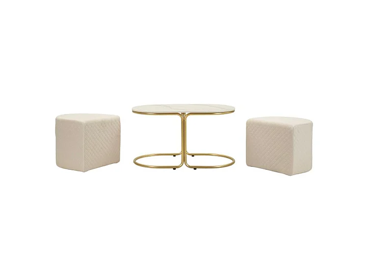 Moderner Couchtisch mit 2 bequemen Hockern aus Holz und goldfarbenem Metall, 79 x 45 x 44 cm – platzsparendes skandinavisches Design-Set